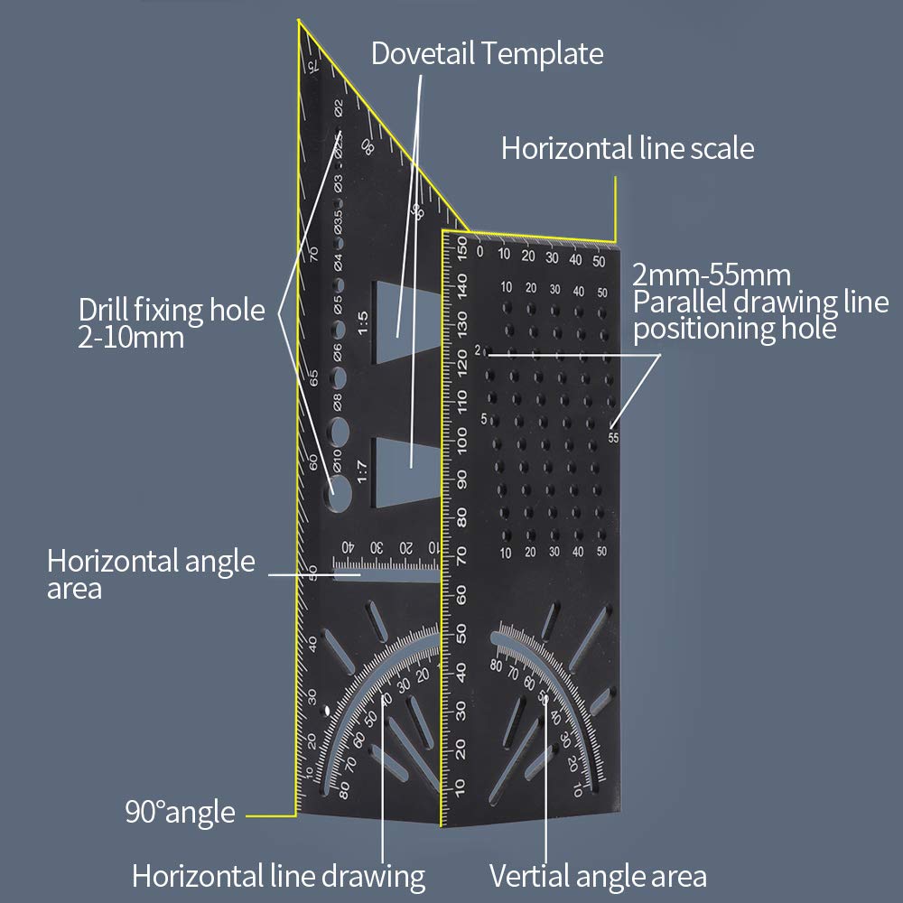 Aluminum Alloy Woodworking Square Size Measure Ruler, 3D Mitre Angle Measuring Template Tool, 45 90 Degree Carpenter's Layout Ruler Gauge Woodworking - WoodArtSupply
