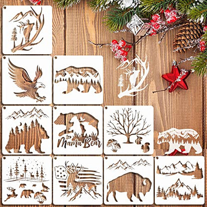 10 PCS Bear Deer Eagle Mountain Stencil Bison Tree Wildlife Forest Animal Stencils Template Wood Burning Stencils Patterns Reusable Stencils for Painting on Wood Crafts Wall Decor (Bison)