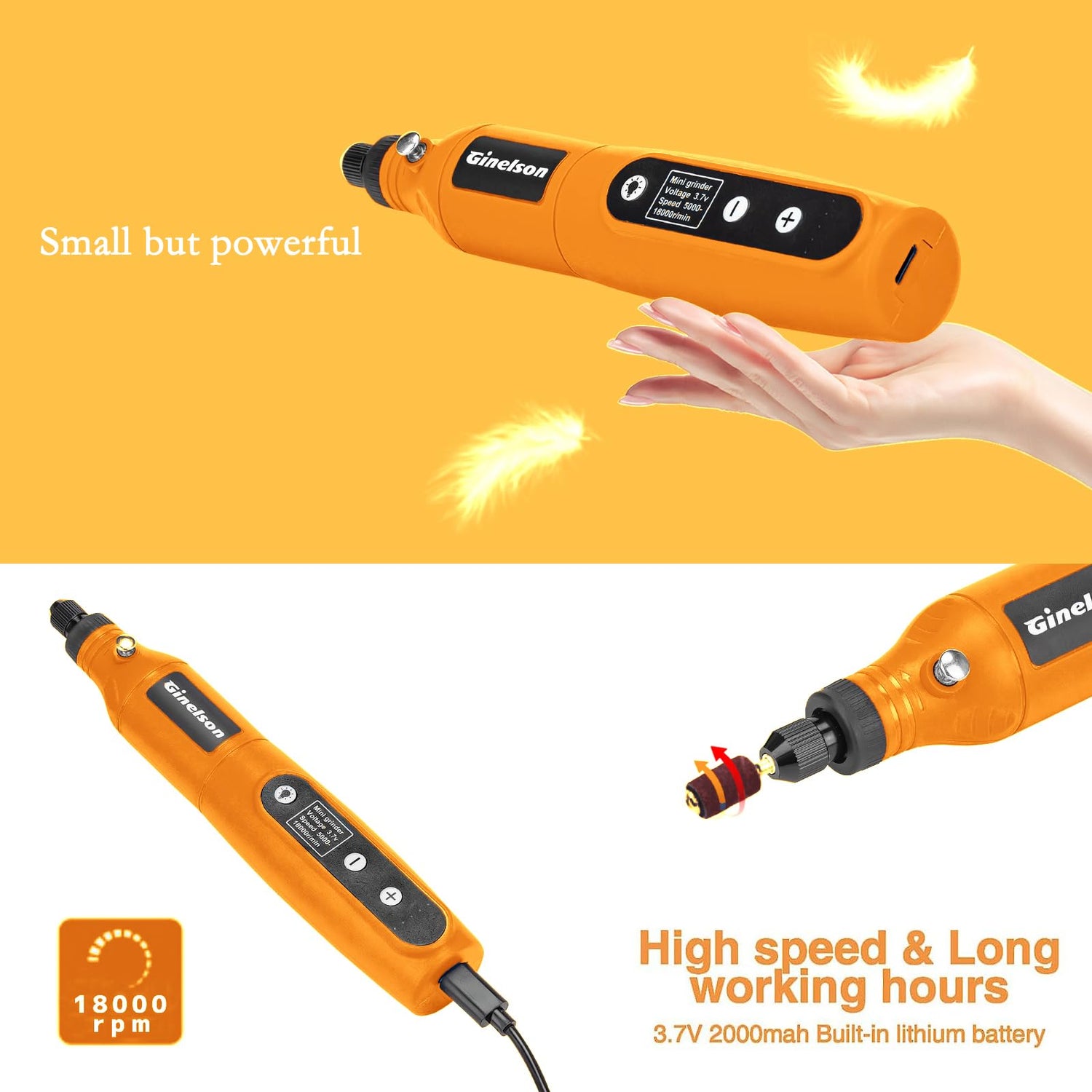 GINELSON Cordless Rotary Tool, 2000 mAh Battery Pack, 5-Speed and USB-C Charging Rotary Tool Kit with 64 Accessories, Multi-Purpose 3.7V Power Rotary GINELSON