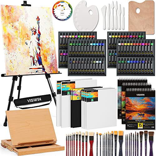 VISWIN 148 Pcs Super Deluxe Painting Kit with Tabletop & Field Easel, 96 Oil, Watercolor & Acrylic Paint Set, Canvas, Paintbrush, Palette, VISWIN