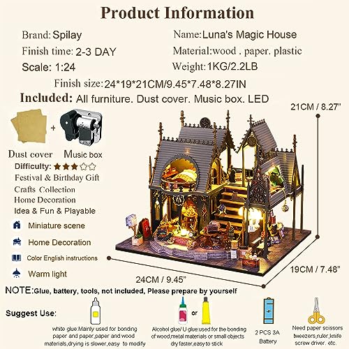 Spilay Dollhouse Miniature with Furniture,DIY Wooden Crafts Magic Doll House Mini Handmade Kit with Dust Proof Cover and Music Movement,1:24 Scale