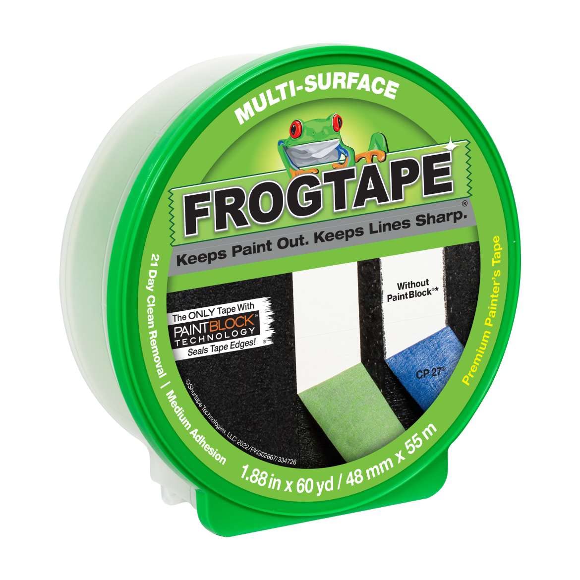 FROGTAPE Multi-Surface Painter's Tape with PAINTBLOCK, Medium Adhesion, 1.88" Wide x 60 Yards Long, Green (1358464) FROGTAPE