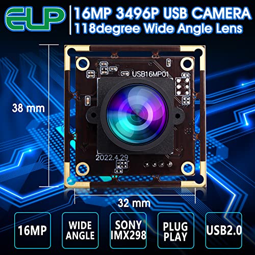 ELP 16MP Wide Angle USB Camera Module for Raspberry Pi and Computer 4K Mini UVC USB2.0 Video Webcam Board with 118degree No Distortion Lens IMX298 ELP