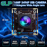 ELP 16MP Wide Angle USB Camera Module for Raspberry Pi and Computer 4K Mini UVC USB2.0 Video Webcam Board with 118degree No Distortion Lens IMX298 ELP
