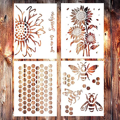 8 Pcs Bee Stencils for Painting on Wood, Honeycomb Hexagon Drawing Template Honey Comb Bee Stencil for Wood Cookies Wall Canvas Furniture DIY Crafts