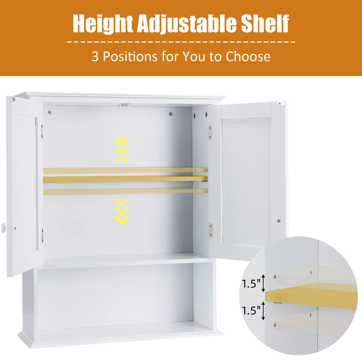 COSTWAY Wall Mounted Bathroom Cabinet, Over The Toilet Storage Cabinet w/Double Doors & Adjustable Shelf, Wood Hanging Medicine Cabinet for Living COSTWAY