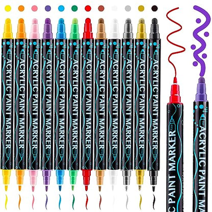 shirylzee 12 Colors Acrylic Paint Pens,Dual Tip Acrylic Paint Markers with Brush Tip and Fine Tip Paint Pens for Wood, Canvas, Stone, Rock Painting,