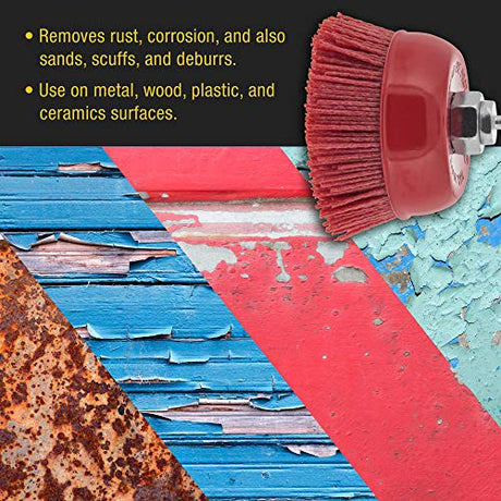 Dura-Gold 4" Abrasive Filament Nylon Bristle Cup Brush - Coarse Sanding Scuffing Brush, 5/8" 11 Thread, 1/4" Drill Arbor - Remove Rust, Corrosion, Dura-Gold