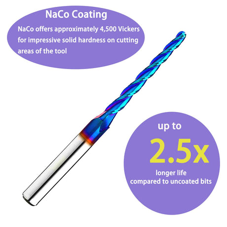 HZBIAO 1 Degree Tapered Ball Nose CNC Router Bits End Mills Solid Carbide Spiral Up Cut 2D&3D Carving bits 1/4 Inch Shank with 1/8 Diameter Overall HZBIAO