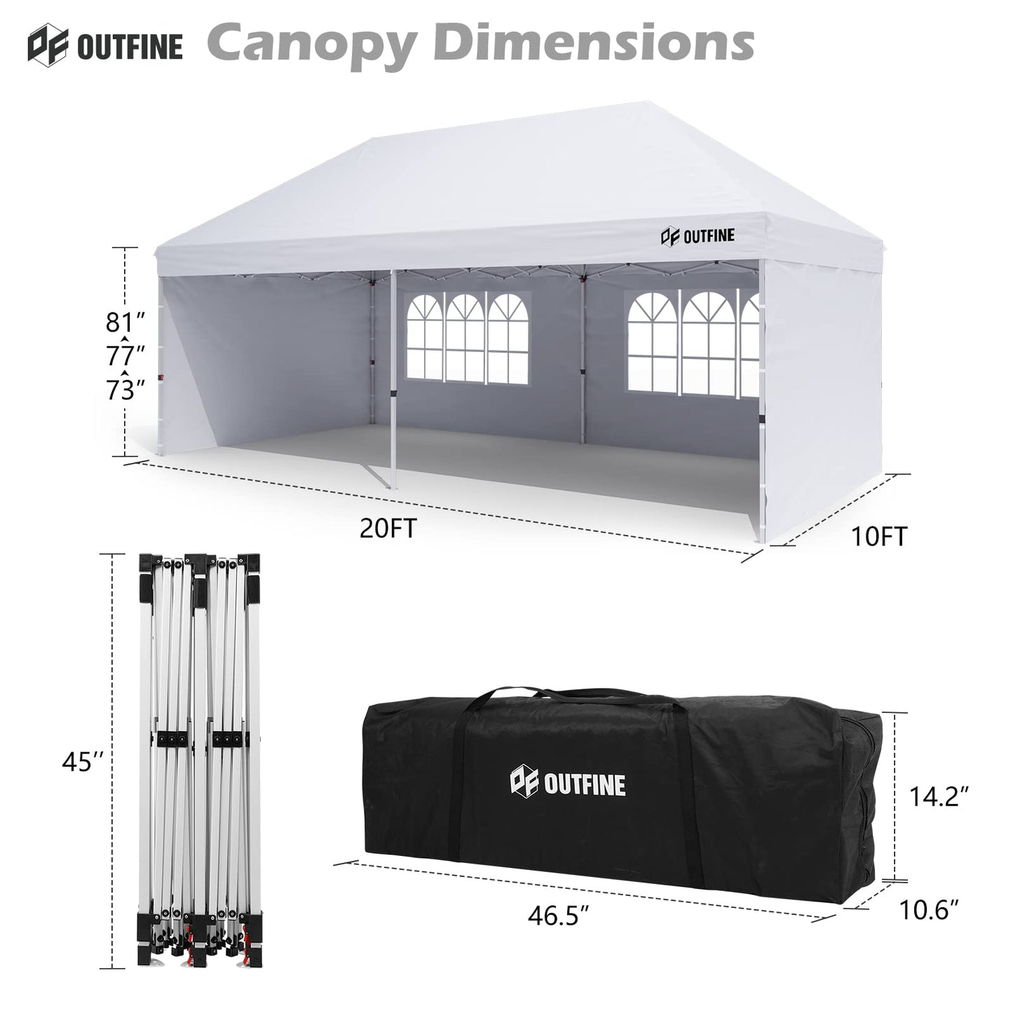 OUTFINE Canopy 10'X20' Pop Up Canopy Gazebo Commercial Tent with 4 Removable Sidewalls, Stakes X12, Ropes X6 for Patio Outdoor Party Events