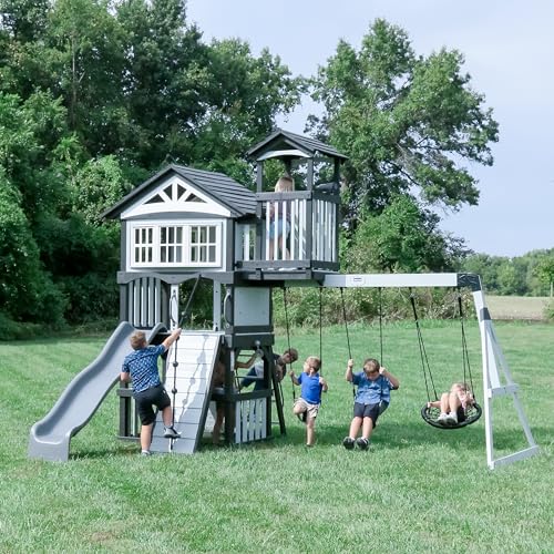 Backyard Discovery Whispering Point All Cedar Wooden Swing Set, Raised Club House, Grey Wave Slide, Web Swing, Climbing Wall, 2 Belt Swings, Crow's Backyard Discovery