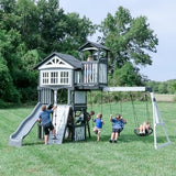 Backyard Discovery Whispering Point All Cedar Wooden Swing Set, Raised Club House, Grey Wave Slide, Web Swing, Climbing Wall, 2 Belt Swings, Crow's Backyard Discovery