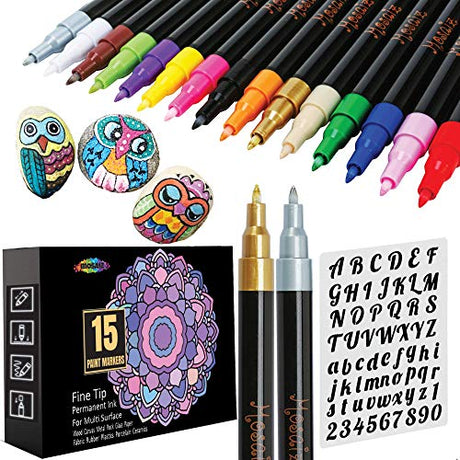 Mosaiz Acrylic Paint Pens for Rock Painting, 15 Colors including Gold and Silver Metallic Acrylic Paint Markers 0.7 mm Fine Point Pen for Glass, Wood Mosaiz