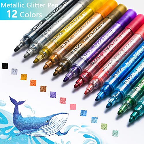 ZSCM 12 Colors Acrylic Glitter Markers Paint Pens, Rock Painting Pens Markers Metallic Art Marker for Kids Adults Card Making Painting Glass Ceramic