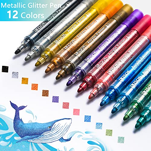 ZSCM 12 Colors Acrylic Glitter Markers Paint Pens, Rock Painting Pens Markers Metallic Art Marker for Kids Adults Card Making Painting Glass Ceramic - WoodArtSupply