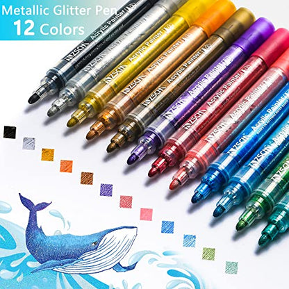 ZSCM 12 Colors Acrylic Glitter Markers Paint Pens, Rock Painting Pens Markers Metallic Art Marker for Kids Adults Card Making Painting Glass Ceramic - WoodArtSupply