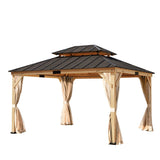 YOLENY 11' x 13' Solid Spruce Wood Gazebo, Hardtop Gazebo with Coated Wood Frame, Waterproof Asphalt Double Roof, Nettings and Curtains for Lawns, YOLENY