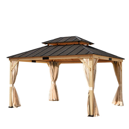 YOLENY 11' x 13' Solid Spruce Wood Gazebo, Hardtop Gazebo with Coated Wood Frame, Waterproof Asphalt Double Roof, Nettings and Curtains for Lawns, - WoodArtSupply