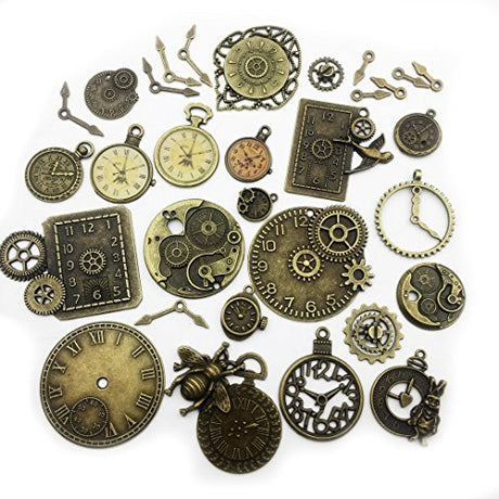 30pcs Antique Bronze Mix Skeleton Steampunk Clock Face Watch Gear Cog Wheel Pendant Charms Jewelry Making DIY Steampunk Gear Pendant Charms Wholesale iloveDIYbeads