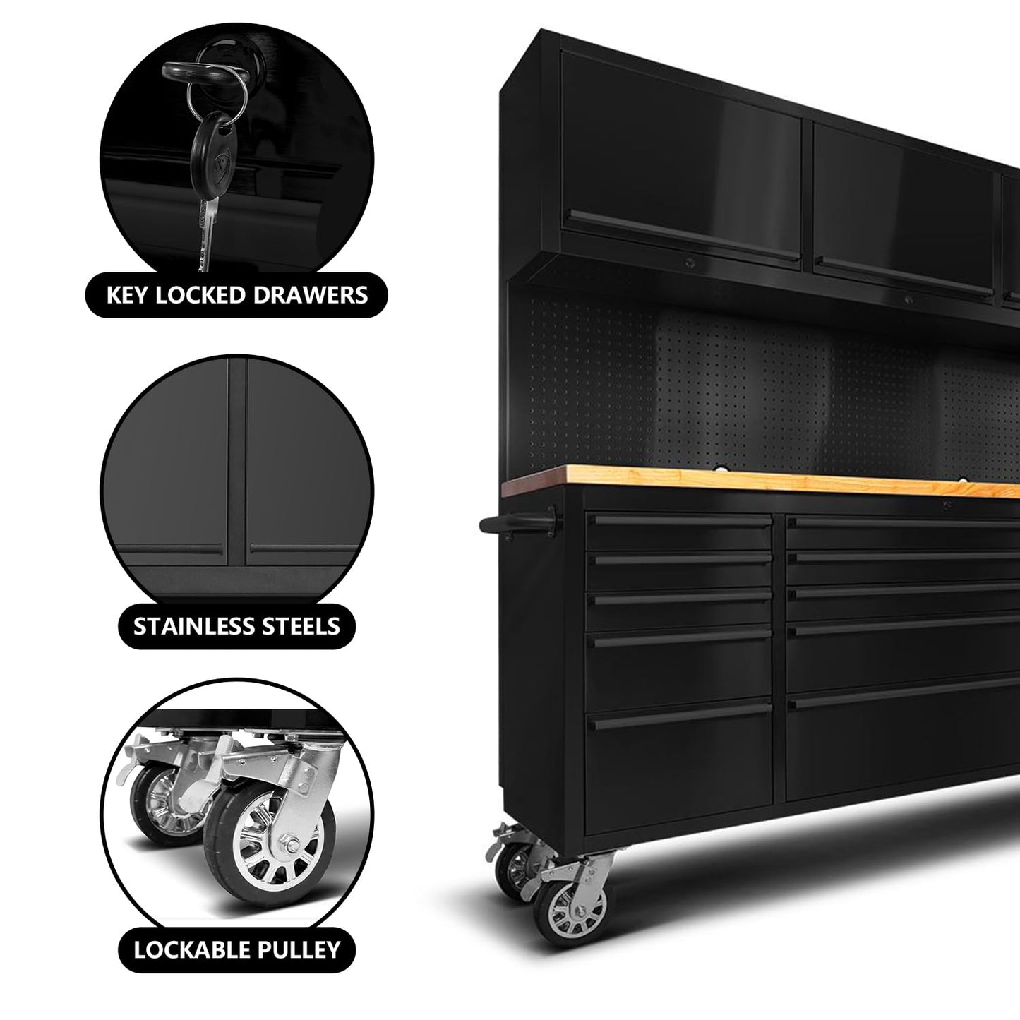 SINDA 72 Inch Tool Chest with Drawers and Wheels Mobile Workbench Garage Tool Storage Cabinet Large Rolling Lockable Tool Box with Wood Top, 15