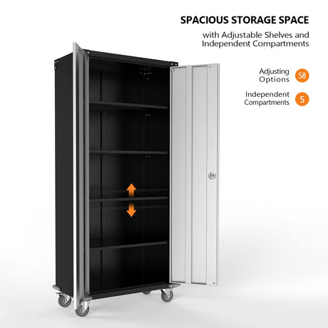 VINGLI 72'' Tall Garage Storage Cabinet, Metal Storage Cabinet with Wheels, Locking Doors and Adjustable Shelves (Black & Silver, 32''W x 16''D x VINGLI