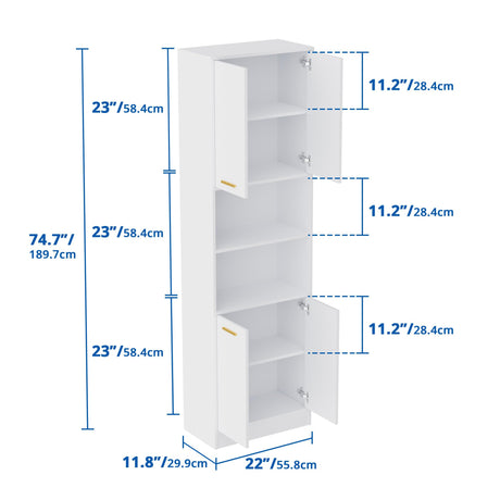 Cozy Castle Freestanding Pantry Cabinet, 75" with Doors and Adjustable Shelves, Wood Storage Cabinet for Kitchen, Bathroom or Hallway, White Cozy Castle
