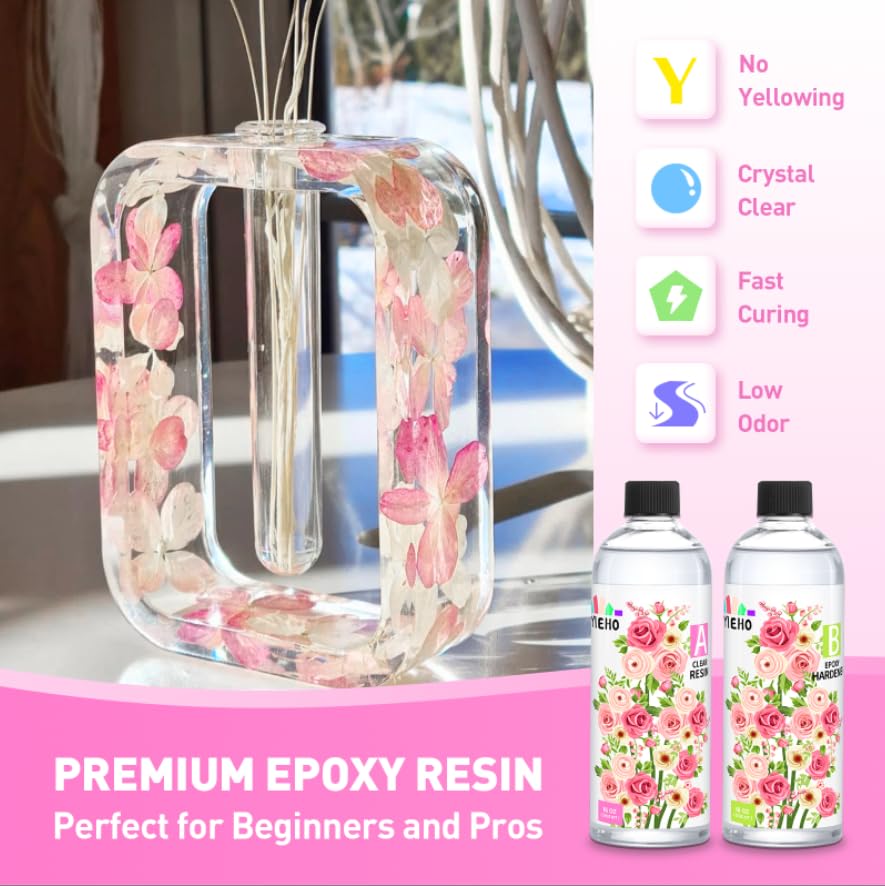 YIEHO Epoxy Resin 32OZ, Crystal Clear Art Casting Resin and Hardener Hard No Yellowing Resina Epoxica Transparente Perfect for Jewelry Making, DIY, YIEHO
