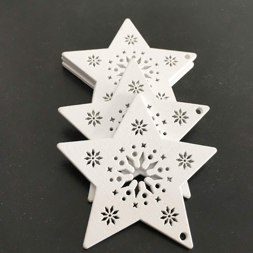 Amosfun 10pcs Christmas Wooden Star Cutouts Ornaments with Snowflakes Christmas Wood Hanging Pendants Decoration for Holiday Festival Wedding Party