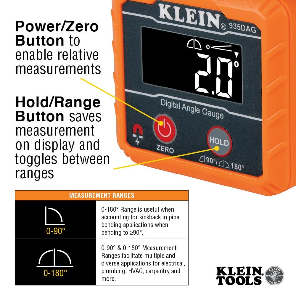 Klein Tools 935DAG Digital Electronic Level and Angle Gauge, Measures 0 - 90 and 0 - 180 Degree Ranges, Measures and Sets Angles Klein Tools