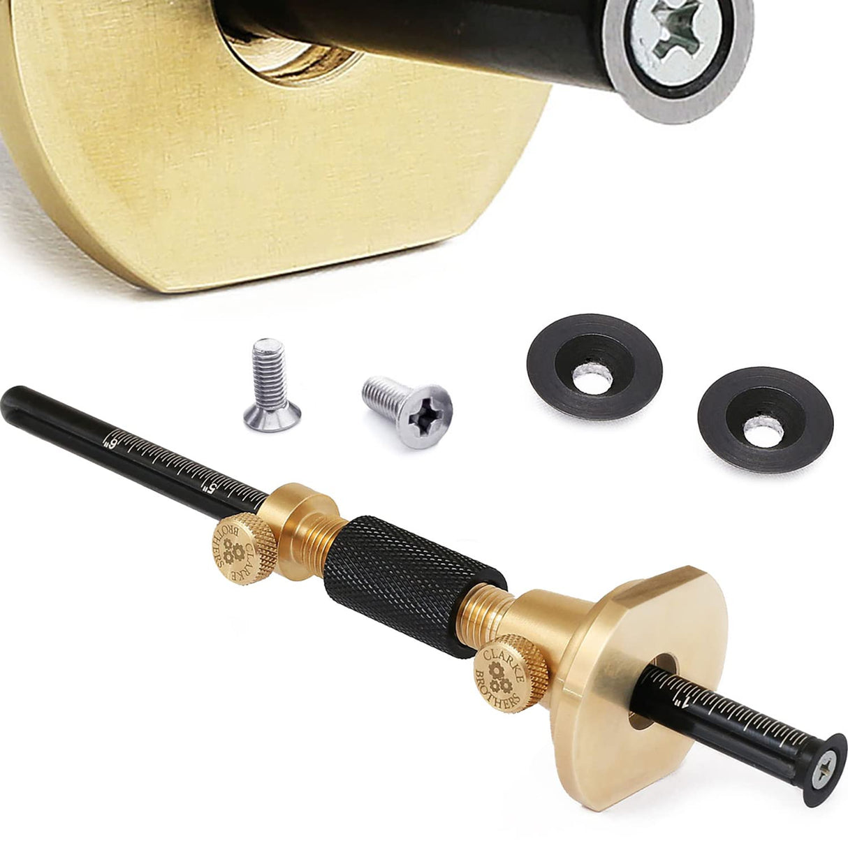 Wheel Marking Gauge Kit - 2 Extra Cutter Wheels, Roll Stop Head, Micro Adjuster, Metric Imperial Ruler, 7'' Brass Marker Tool for Woodwork Clarke Brothers
