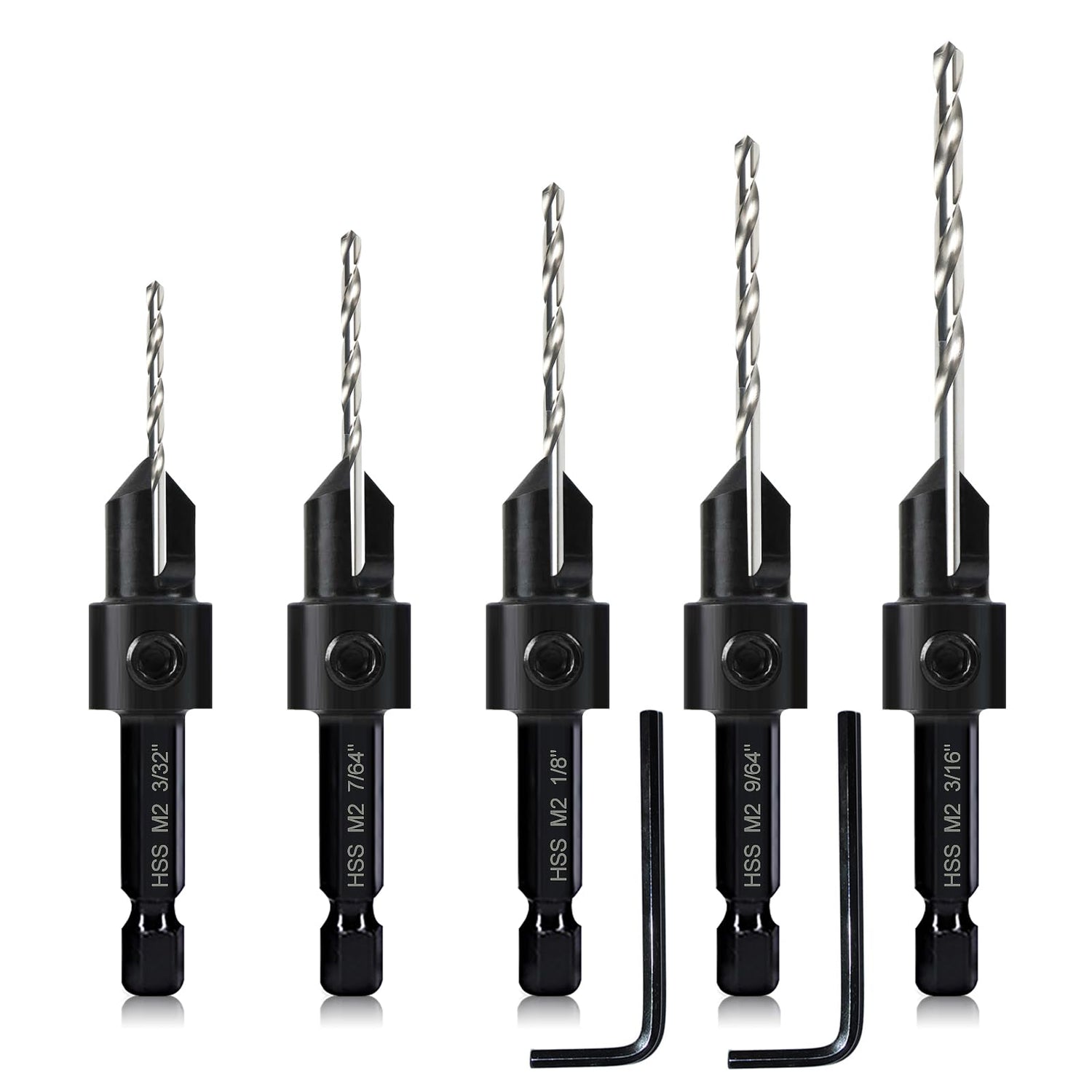 5-pc Countersink Tapered Drill Bit Set, 3in1 Woodworking Counterbore Hole Drill Bits for #6 8 10 12 16 Screws, Depth Adjustable M2 Pilot Drill Bits, - WoodArtSupply