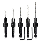 5-pc Countersink Tapered Drill Bit Set, 3in1 Woodworking Counterbore Hole Drill Bits for #6 8 10 12 16 Screws, Depth Adjustable M2 Pilot Drill Bits, - WoodArtSupply