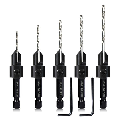 5-pc Countersink Tapered Drill Bit Set, 3in1 Woodworking Counterbore Hole Drill Bits for #6 8 10 12 16 Screws, Depth Adjustable M2 Pilot Drill Bits,