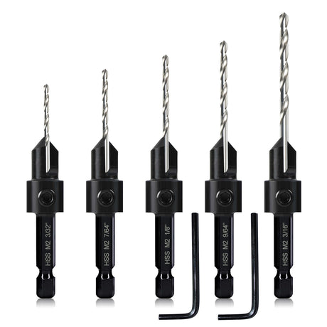5-pc Countersink Tapered Drill Bit Set, 3in1 Woodworking Counterbore Hole Drill Bits for #6 8 10 12 16 Screws, Depth Adjustable M2 Pilot Drill Bits, - WoodArtSupply