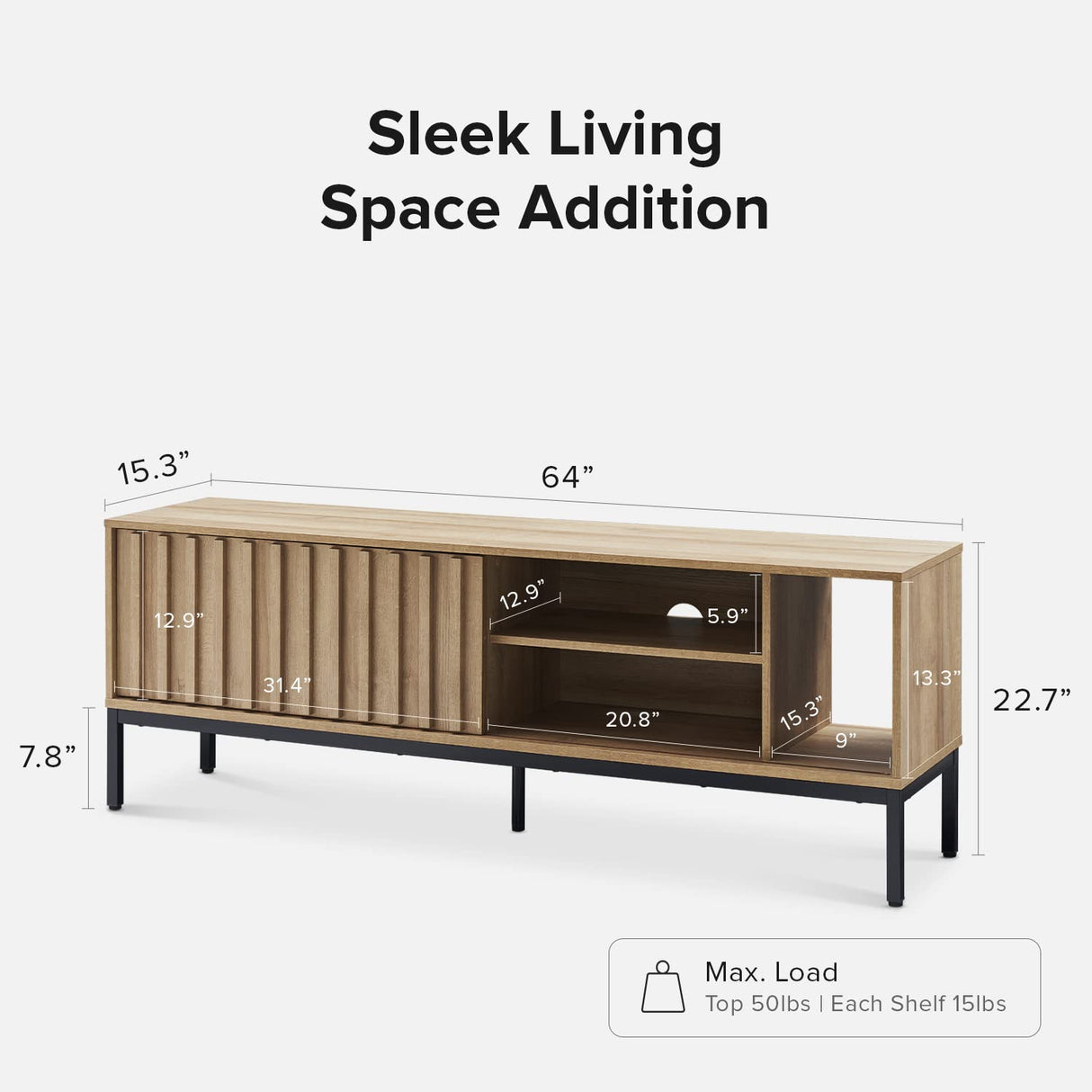 mopio Norwin 64" Rustic Industrial Modern TV Stand, Media Cabinet, TV Console Suits TV up to 70 inch, with Fluted Panel Sliding Door, Adjustable mopio