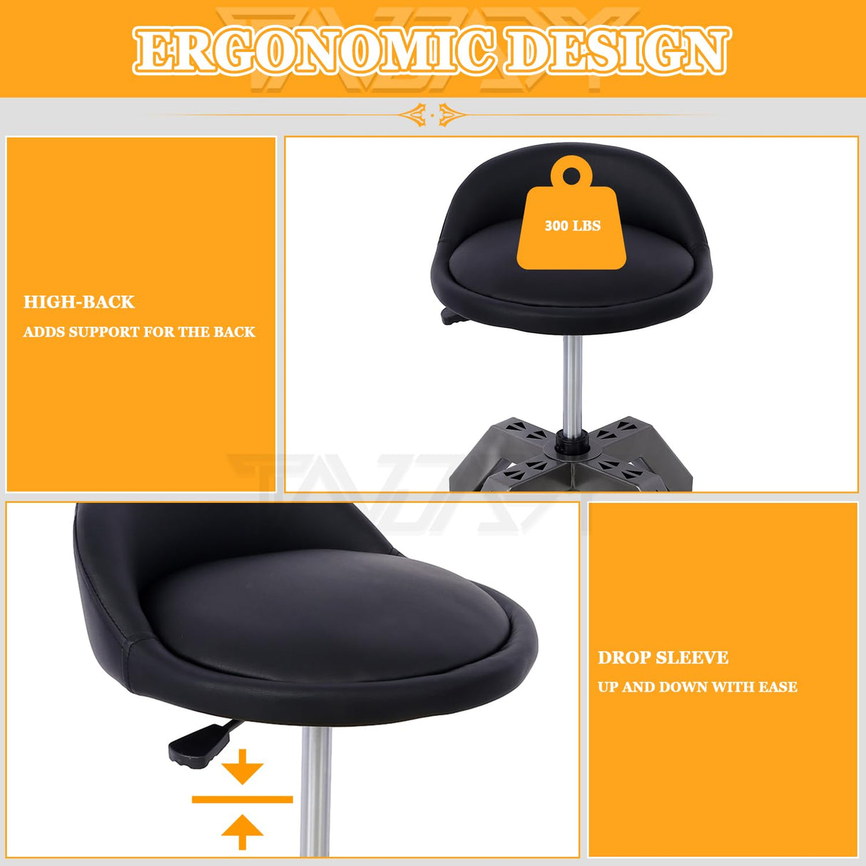 Tandagy Shop Stools with Wheels 360° Swivel Rolling Shop Stool Adjustable Height Mechanic Stool 300 LBS Capacity Garage Stool on Wheels Heavy-Duty Tandagy