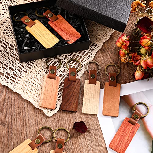 50 Pcs Leather Keychain Blanks Wooden Keychain Blanks Wood Keychain Blank Unfinished Wood Tags with Leather Strap Keyring (White Maple, Walnut, Sasylvia