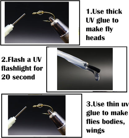 GREATFISHING Fly Tying UV Clear Glue and Power Light Combo Three Bottles Thick Thin and Soft +12 LED Light for Building Flies Heads Bodies Wings and - WoodArtSupply