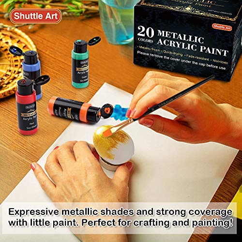 Shuttle Art Metallic Acrylic Paint Set, 20 Colors Metallic Paint in Bottles (60ml, 2oz) with 3 Brushes and 1 Palette, Rich Pigments, Non-Toxic for Shuttle Art