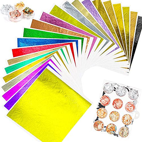 FUNSHOWCASE Imitation Gold Foil Leaf Paper Flakes Metallic Gilding for Epoxy Resin Casting, Nails Art, Crafts, Painting, Jewelry Making 22 Colors FUNSHOWCASE