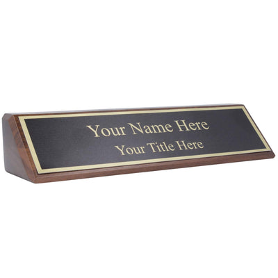 Personalized Walnut Wood Business Desk Black Name Plate with Gold Letters - 2" x 8"