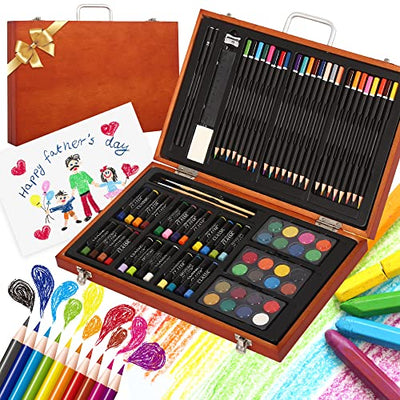 Belleur 79 Piece Deluxe Art Set in Wooden Case, Creativity Kid Painting Set Including Colorful Pencils, Crayons, Watercolor Cakes, Art Brushes and