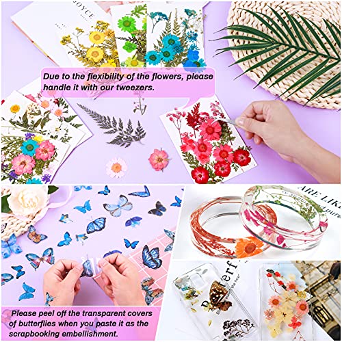 297 Pcs Dried Pressed Flowers Butterfly Stickers for Resin, Real Natural Dry Flowers Leaves Bulk with Tweezers for Art Craft Supplies Scrapbooking Cruzix