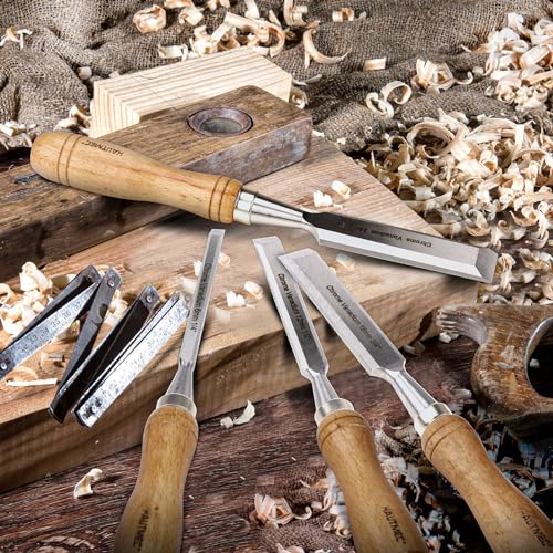 HUATMEC Wood Chisels Set of 4, Carbon Steel Beveled Edge Blade, Beech Handle for Woodingworking and Carving HT0315 HAUTMEC