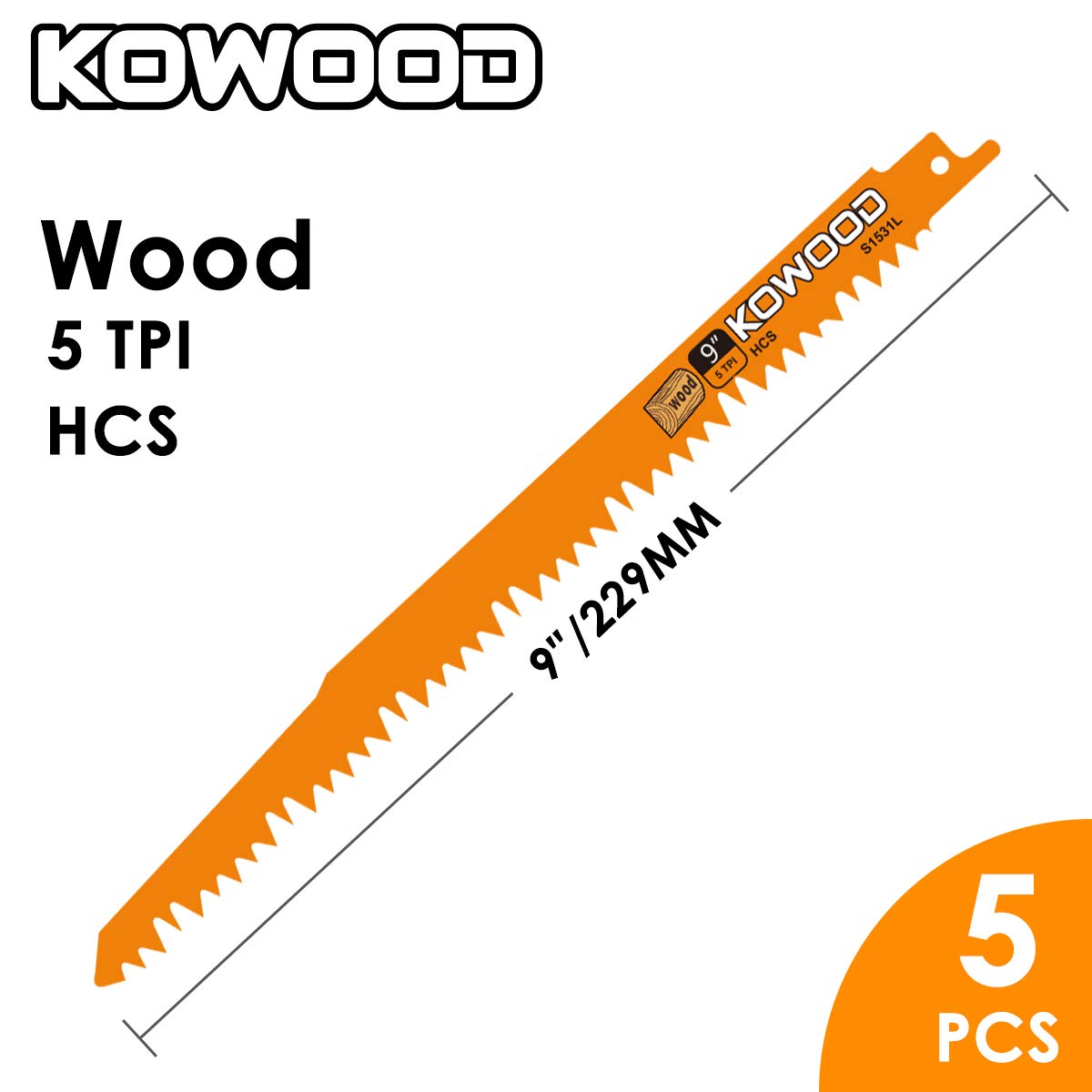9-Inch Wood Pruning Saw Blades for Reciprocating/Sawzall Saws/Sabre Saws by KOWOOD - 5 Pcs Pack Wood Cutting Set KOWOOD
