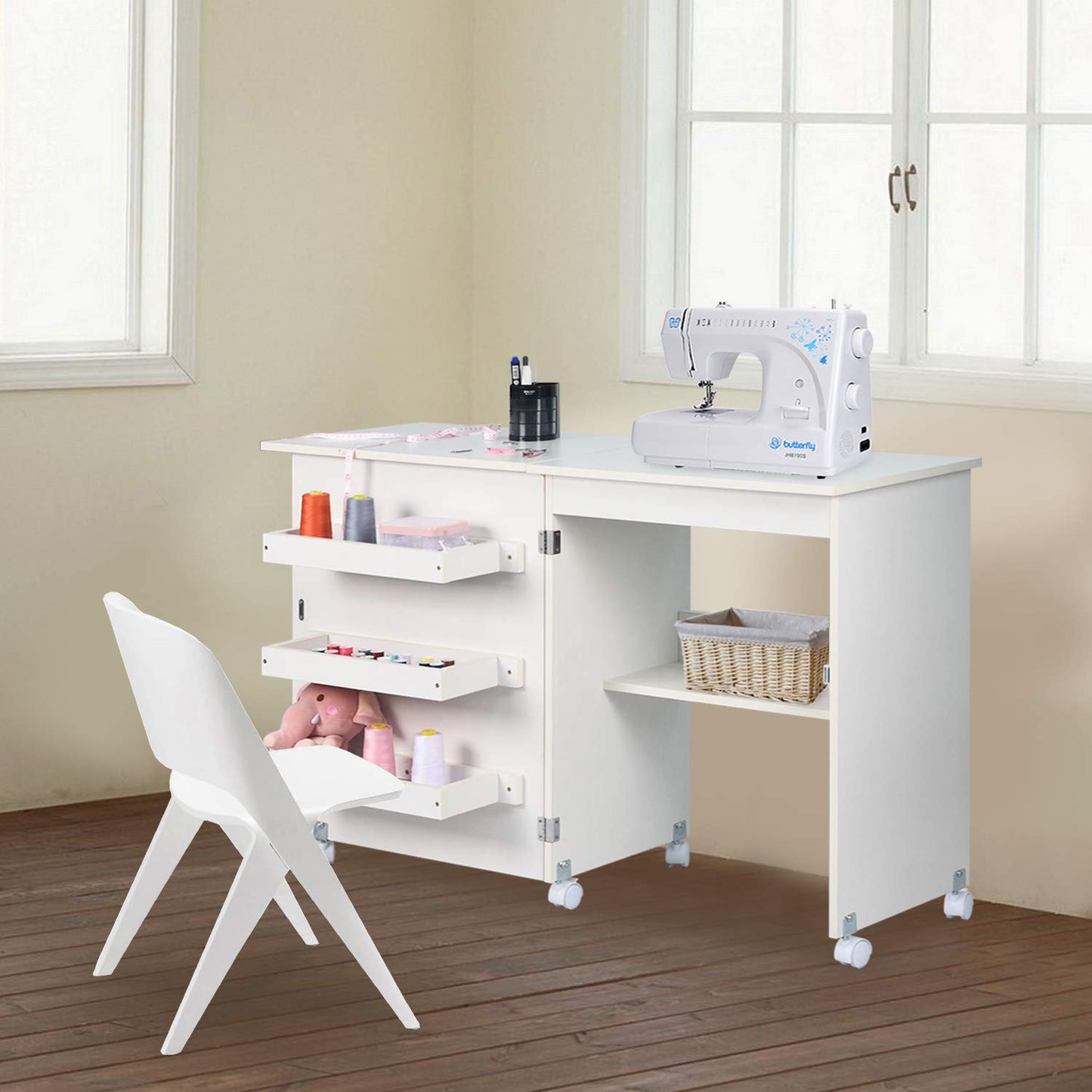 NSdirect Sewing Table, Folding Sewing Craft Cart&Sewing Cabinet Miscellaneous Sewing Kit Art Desk with Storage Shelves and Lockable Casters,(White)