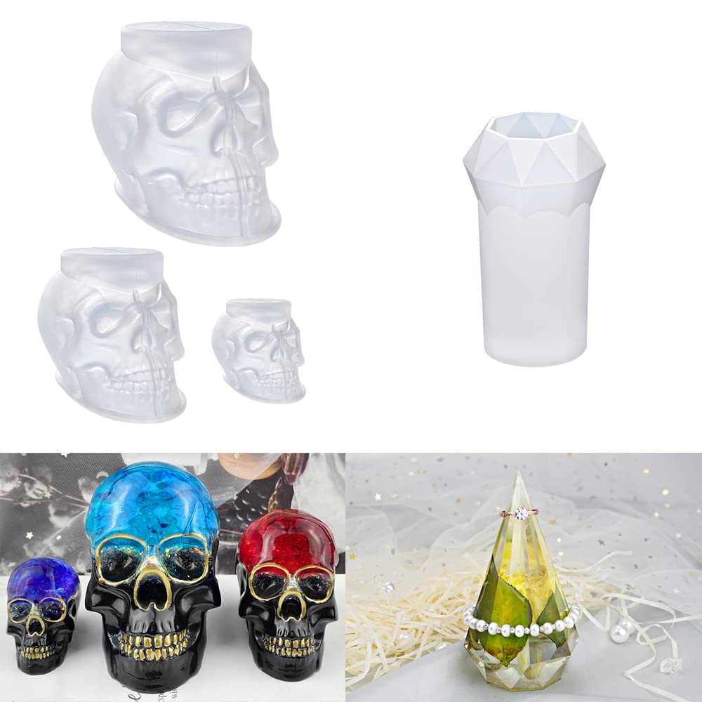 RESINWORLD Faceted Ring Cone Resin Mold + Set of Large Medium Small 3D Skull Resin Molds ResinWorld