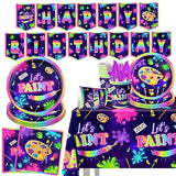 Art Painting Party Supplies,142pcs Paint Splatter Party Tableware Neon Glow Decorations Set Art Party Dessert Plates Paint Splatter Napkins Let’s HAKOTI