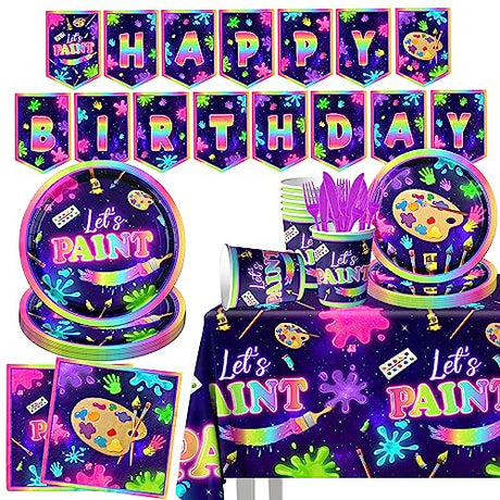 Art Painting Party Supplies,142pcs Paint Splatter Party Tableware Neon Glow Decorations Set Art Party Dessert Plates Paint Splatter Napkins Let’s HAKOTI