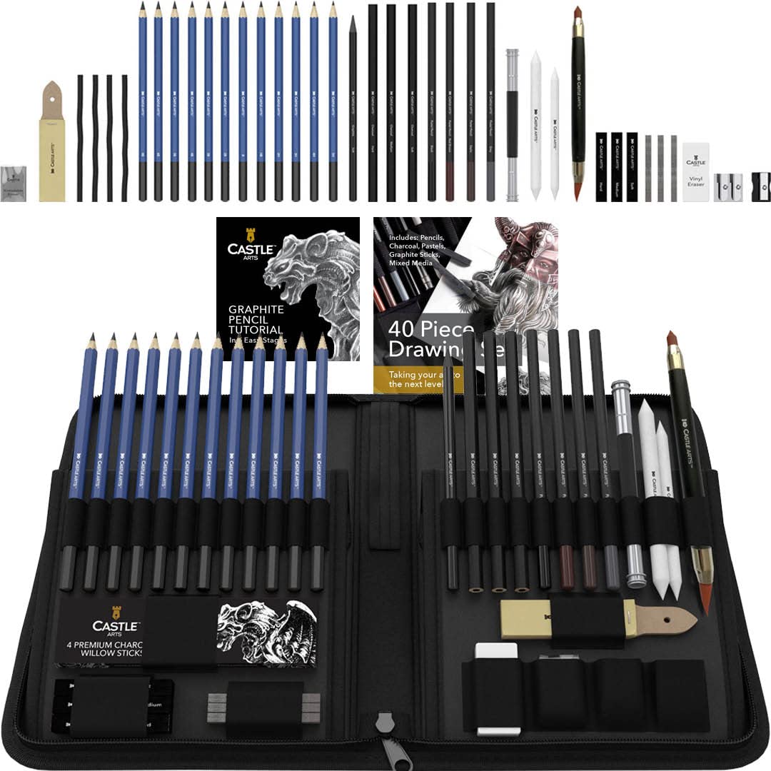 Castle Art Supplies Graphite Drawing Pencils and Sketch Set (40-Piece Kit), Complete Artist Kit Includes Charcoals, Pastels and Zippered Carry Case, Castle Art Supplies